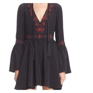 Cinq à Sept Giles Embroidered Mini Dress Sz 4 Black Boho Tassel Silk Bell Sleeve